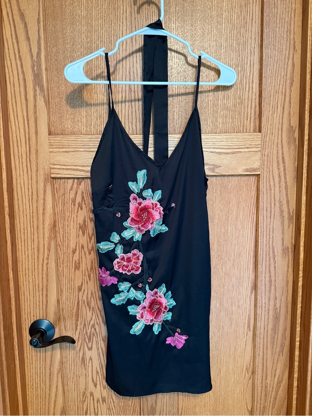 Black Slip Dress with Pink Floral Embroidery and neck scarf